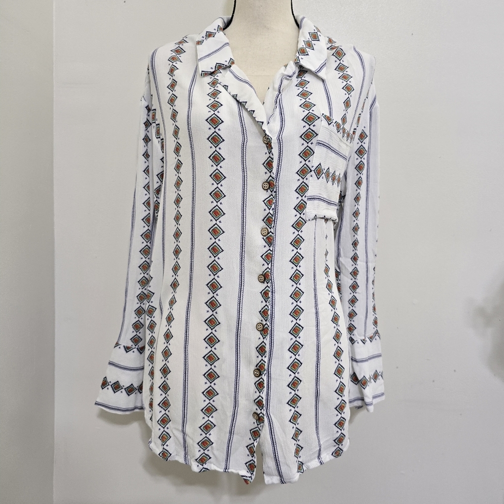size‎ Large Long Bell Sleeve Button Down Boho Aztec Relaxed Pocket Top White